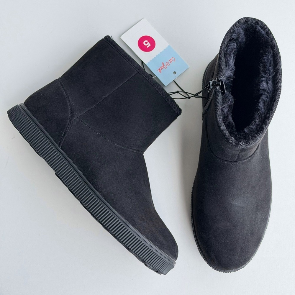 Cat & Jack Holland Faux Fur Boots Kids Size 5 Black Winter Faux Suede Zip Up